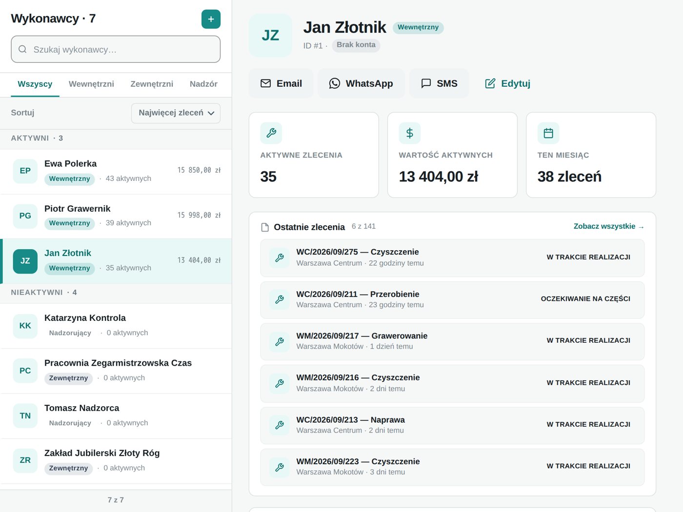 Wykonawcy — ekran ustawień JubiSerwis