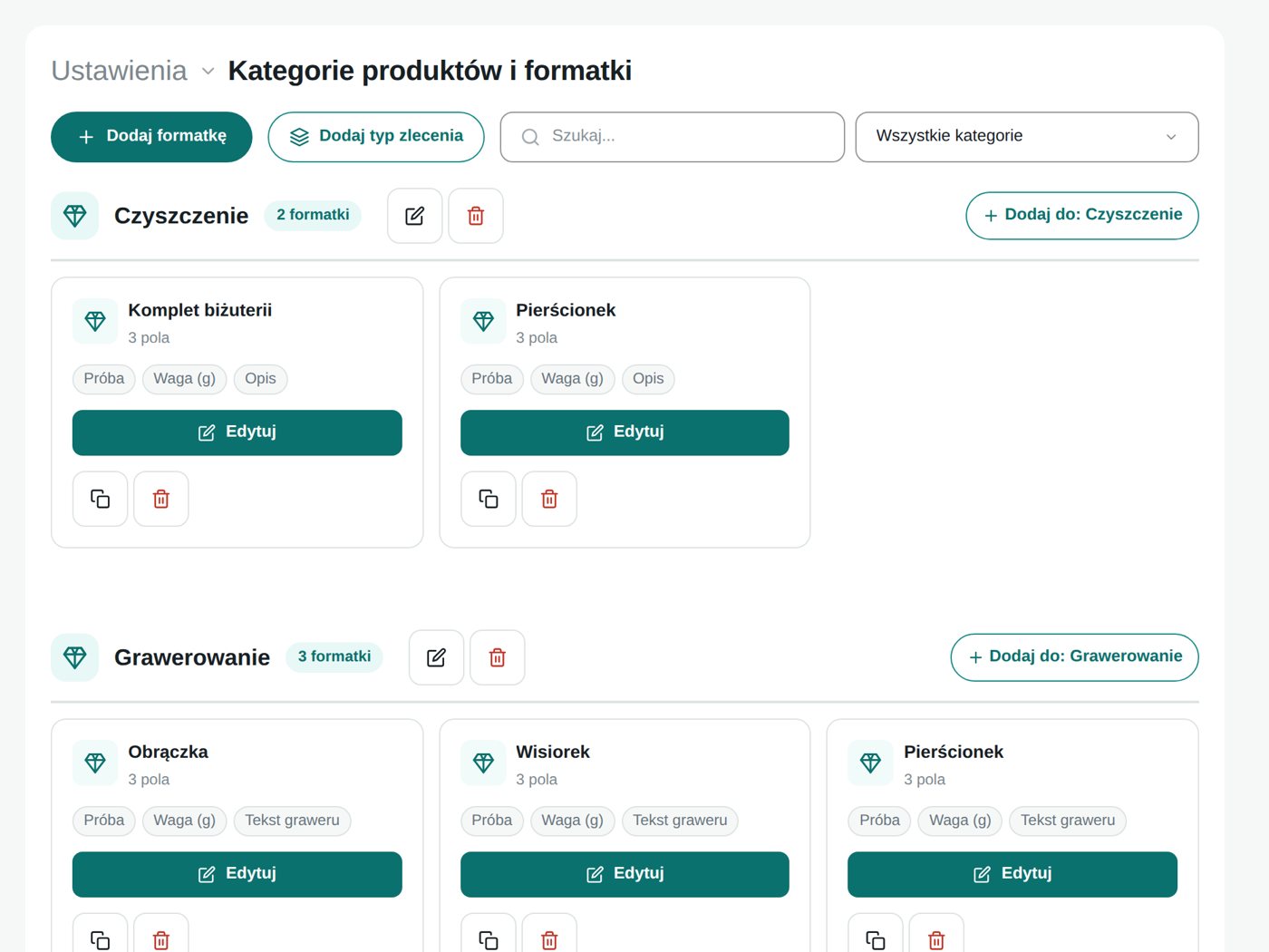 Usługi i produkty — ekran ustawień JubiSerwis