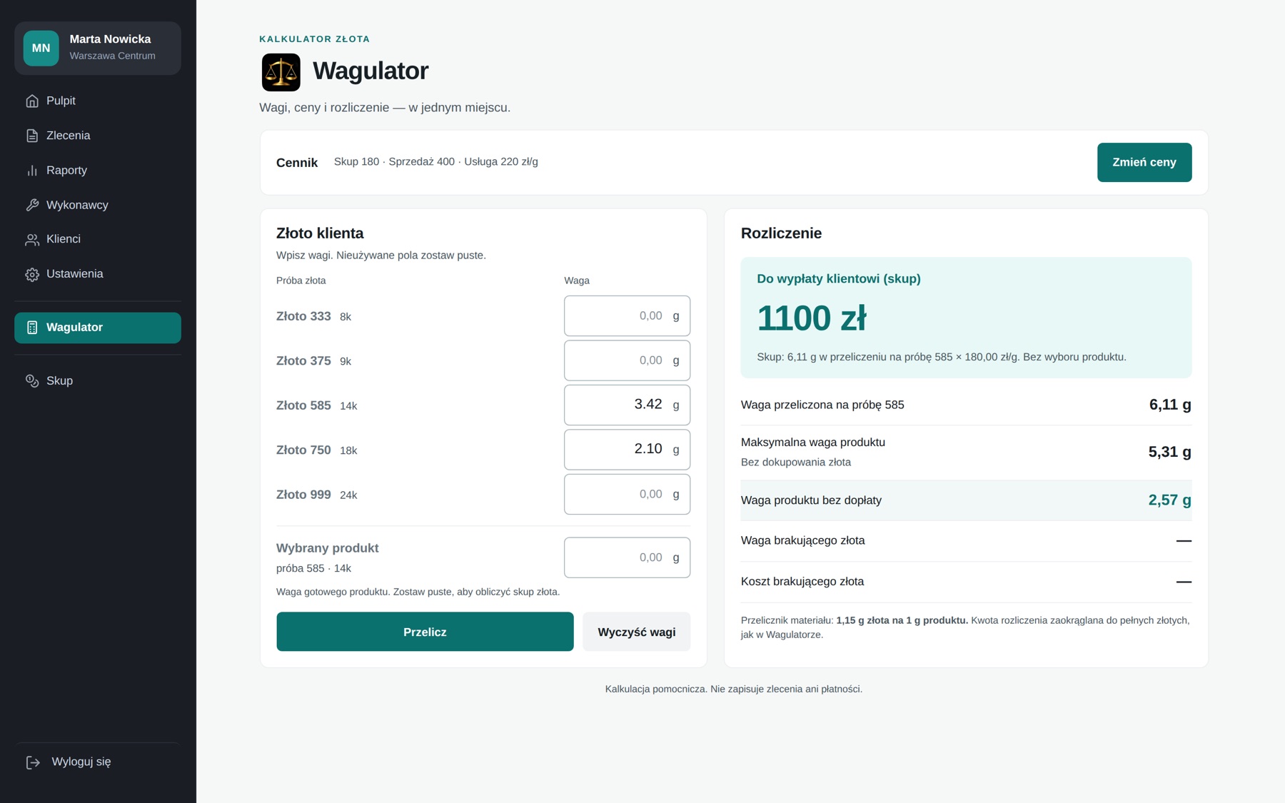 Wagulator: rozliczenie złota klienta, 1100 zł do wypłaty