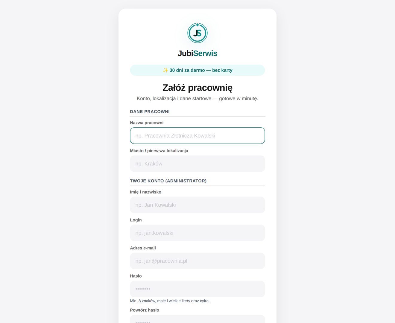 Załóż pracownię — ekran ustawień JubiSerwis