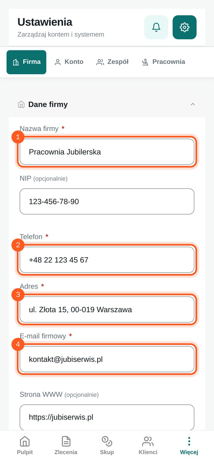 Dane firmy i druki — ekran ustawień na telefonie