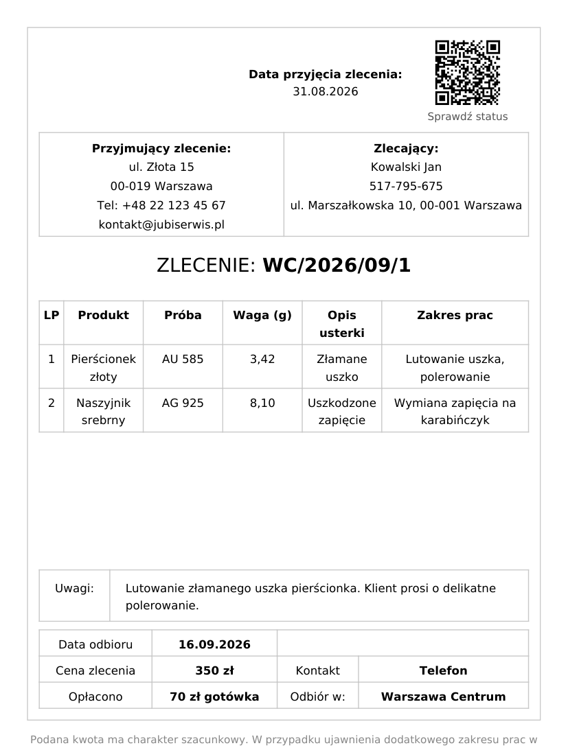 Prawdziwy druk potwierdzenia zlecenia A6 z oznaczonymi najważniejszymi miejscami