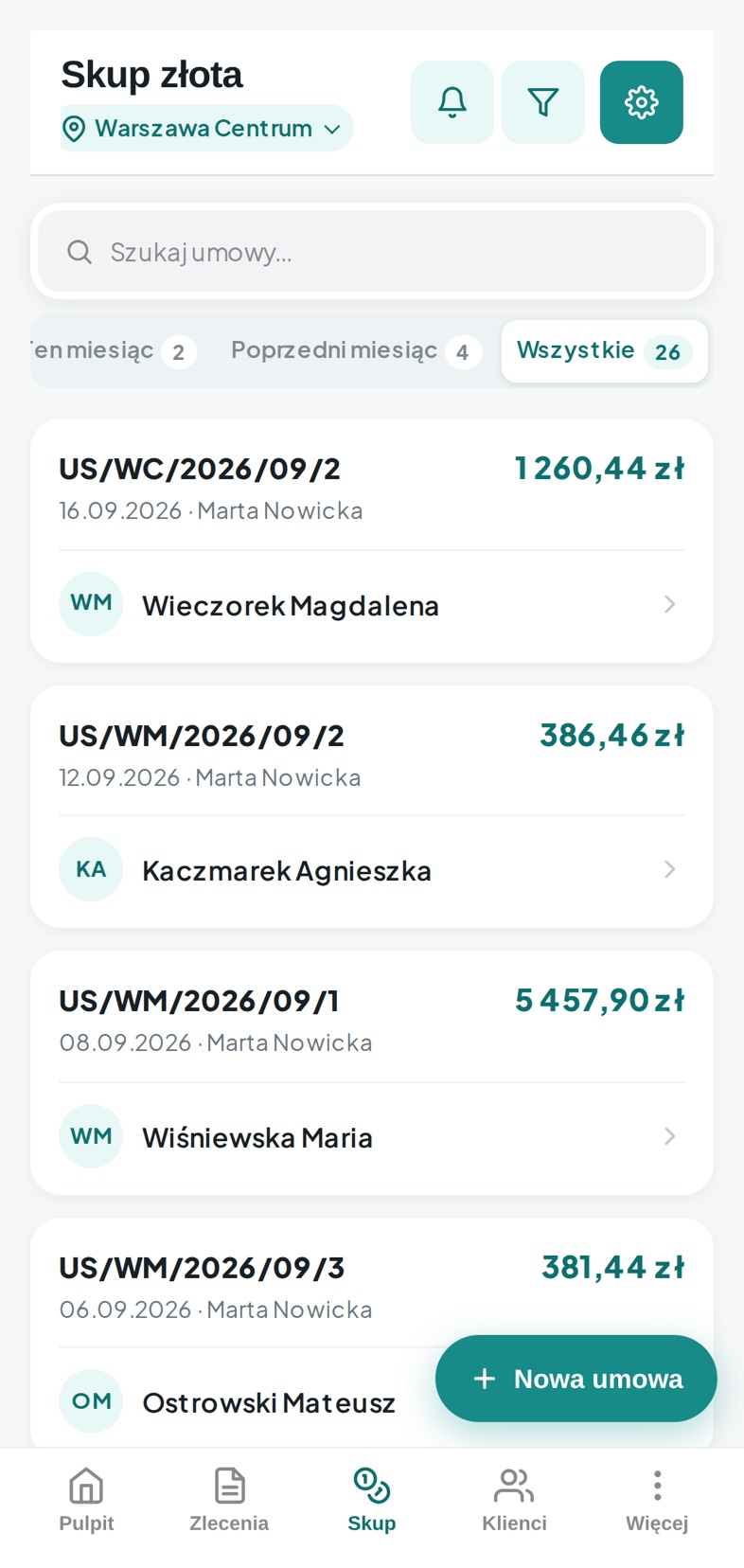 Lista umów skupu na telefonie