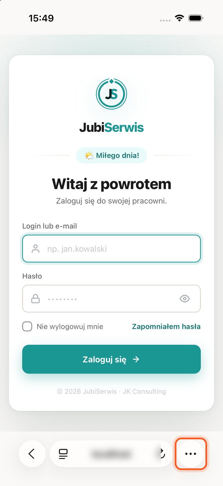 Strona logowania w Safari z zaznaczonym przyciskiem trzech kropek (telefon)