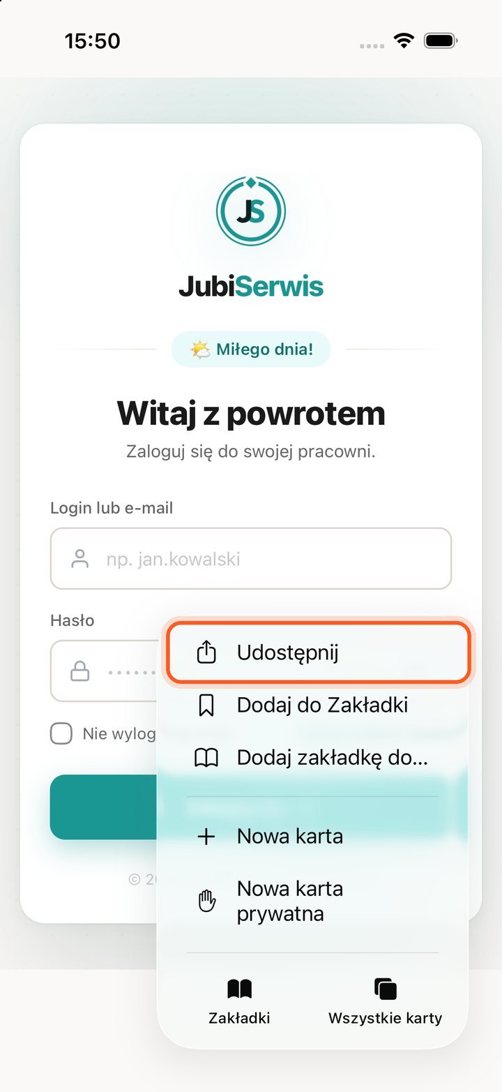 Menu Safari z zaznaczoną pozycją Udostępnij (telefon)
