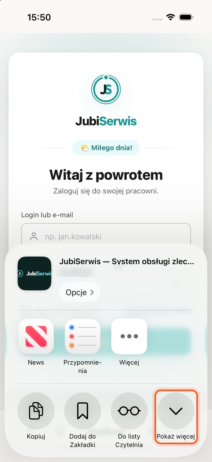 Okno udostępniania z zaznaczonym przyciskiem Pokaż więcej (telefon)