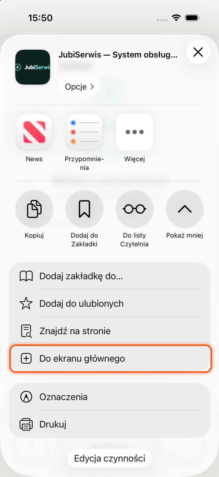 Lista opcji z zaznaczoną pozycją Do ekranu głównego (telefon)