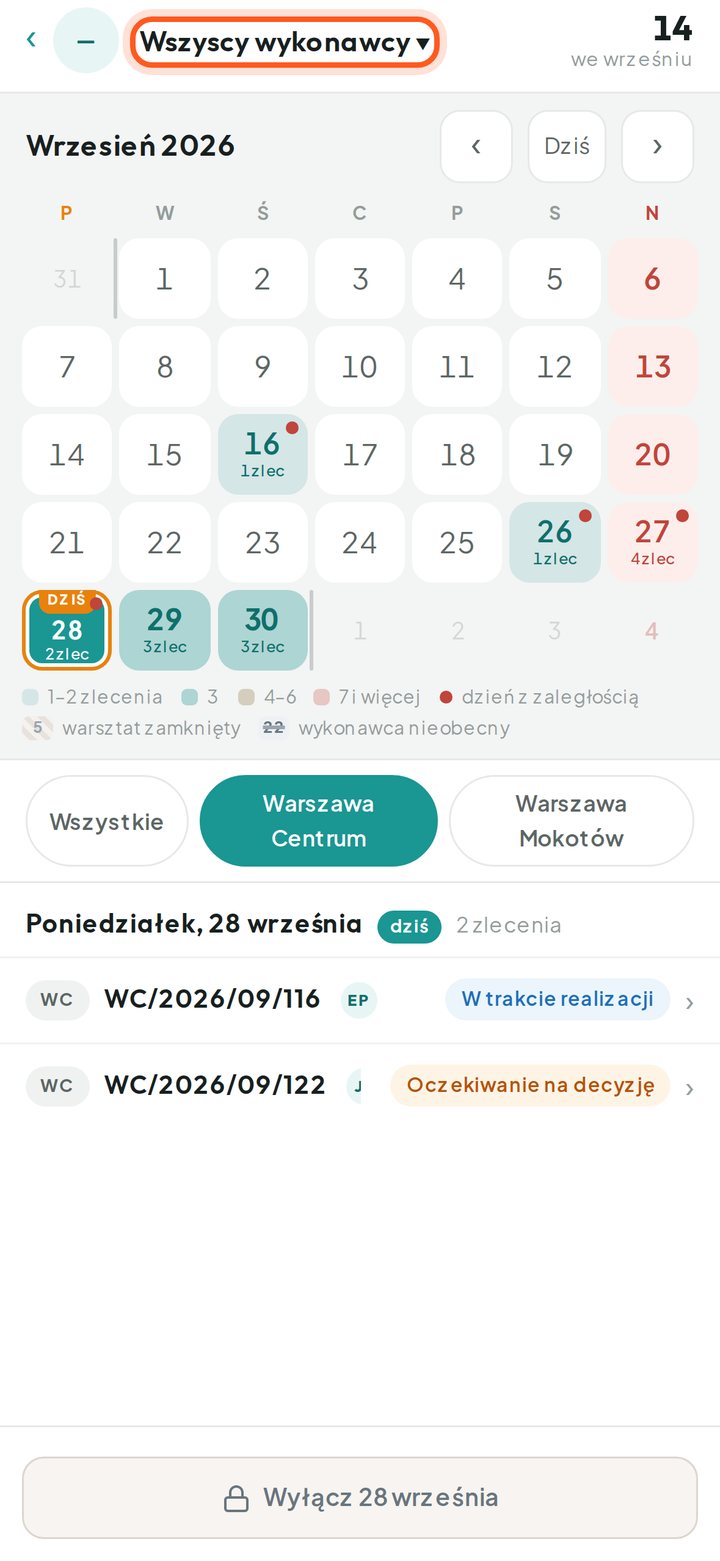 Pole wyboru wykonawcy w oknie kalendarza (telefon)