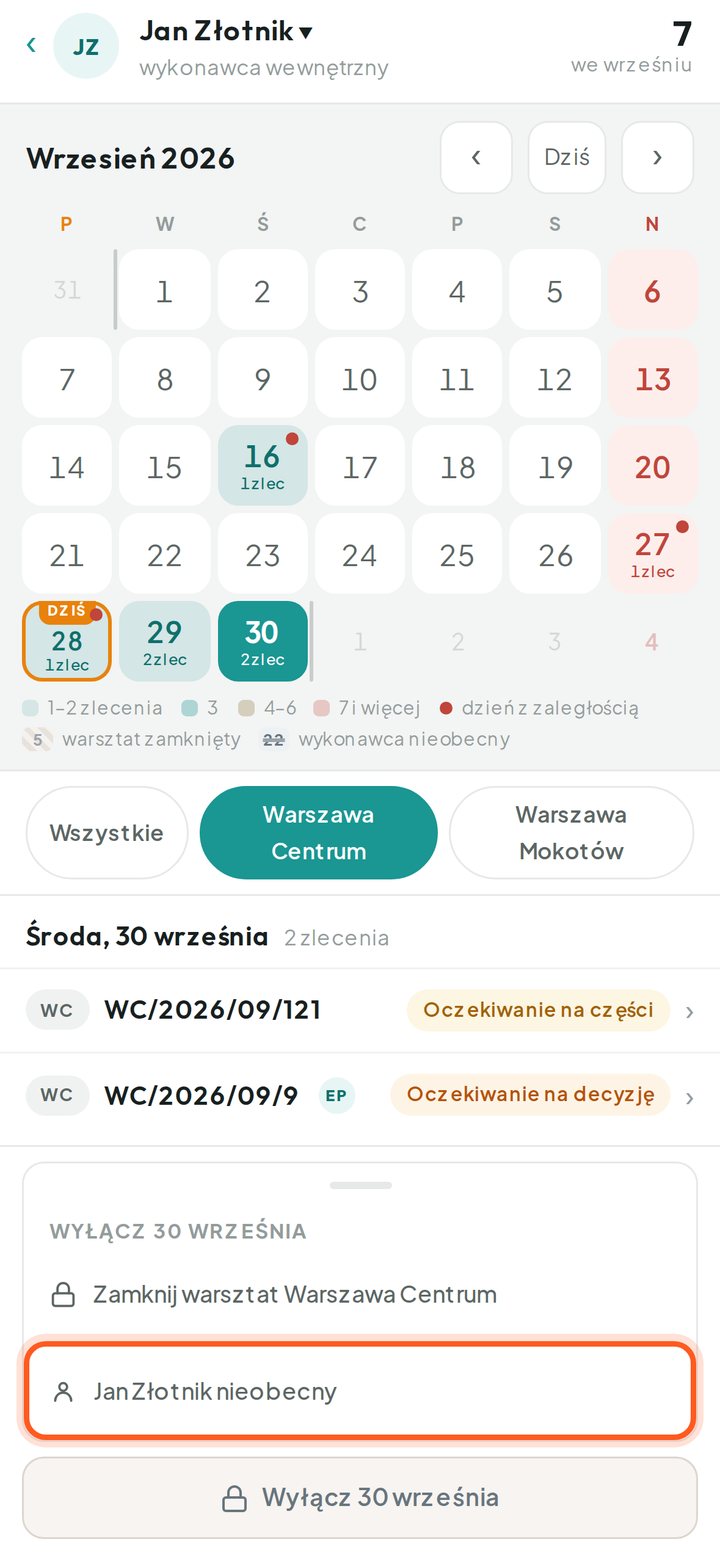 Opcja oznaczenia nieobecności wybranego wykonawcy (telefon)
