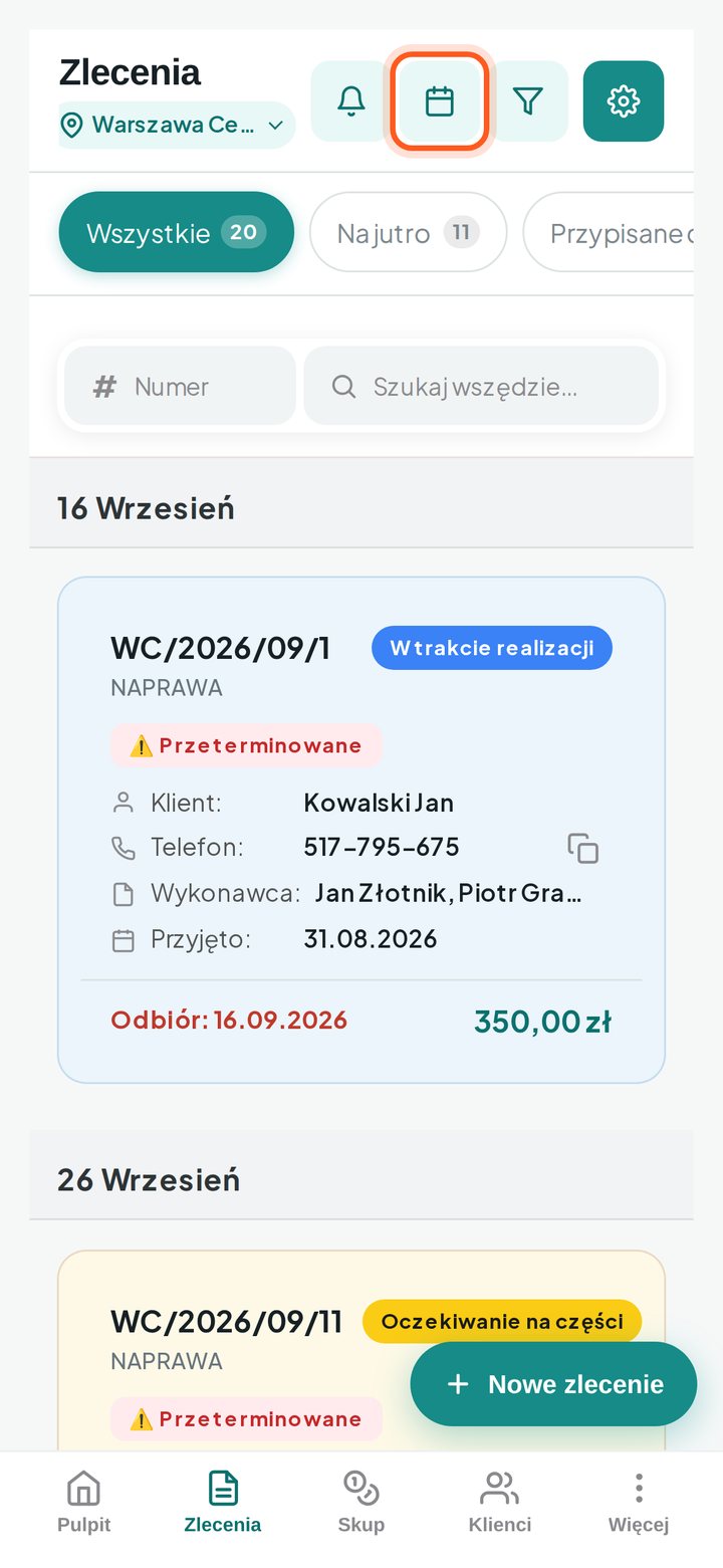 Ikona kalendarza w nagłówku listy zleceń (telefon)