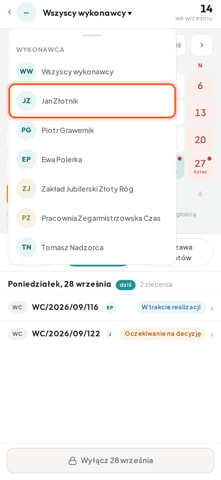 Lista wykonawców do wyboru w oknie kalendarza (telefon)