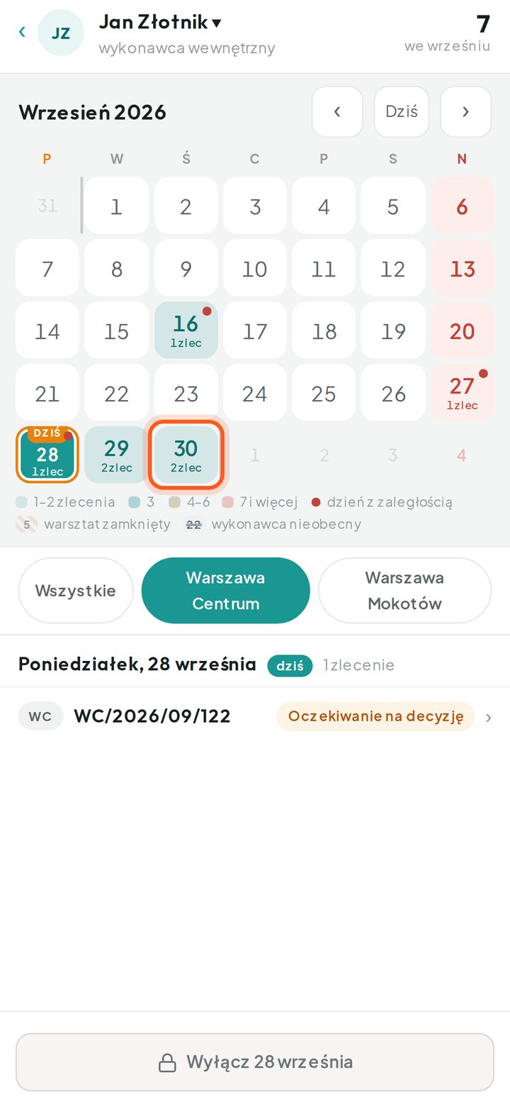 Kalendarz z zaznaczonym dniem i listą zleceń wykonawcy tego dnia (telefon)