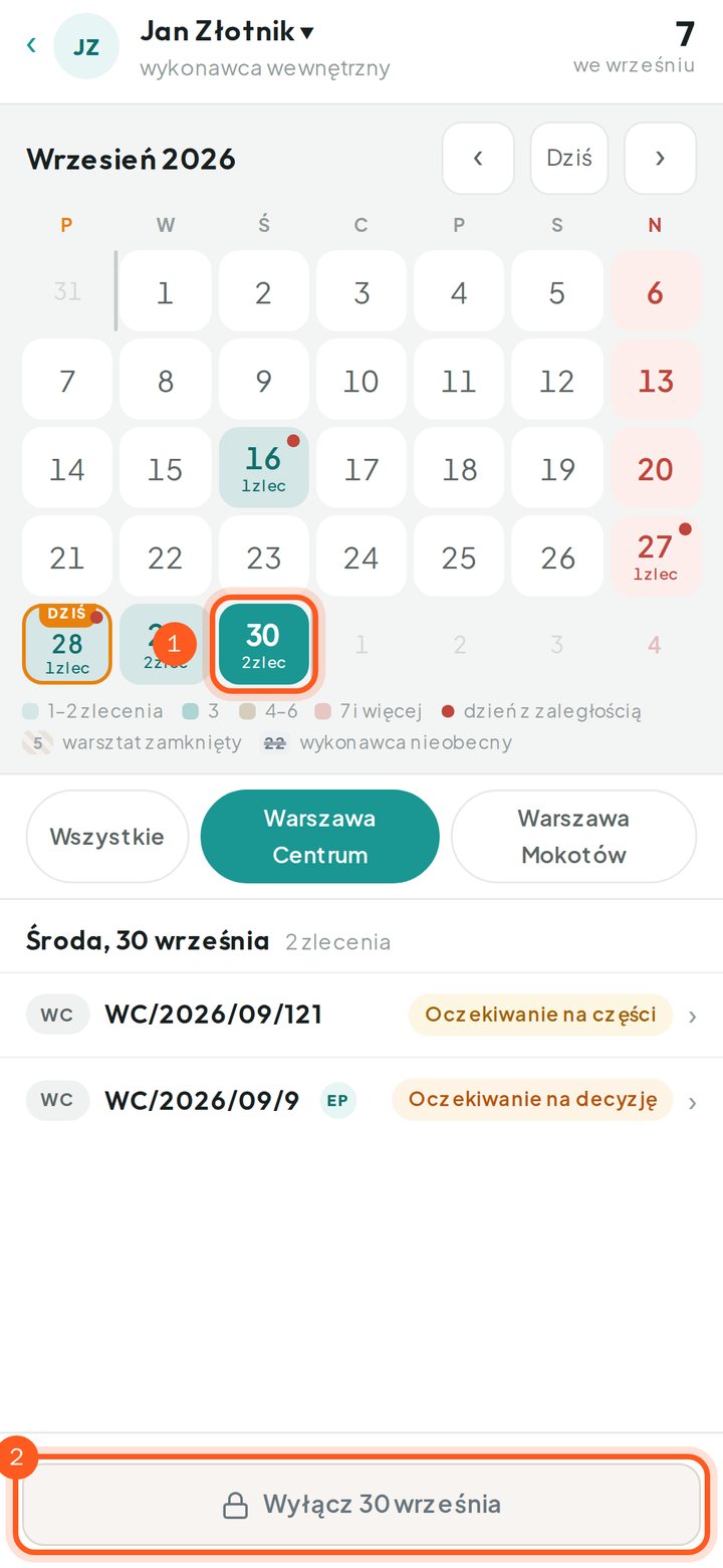 Wybrany dzień w kalendarzu i przycisk Wyłącz 30 września (telefon)