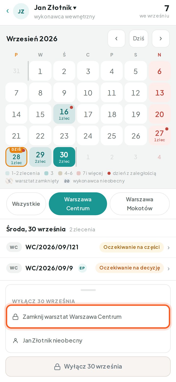 Wybór między zamknięciem warsztatu a nieobecnością wykonawcy (telefon)