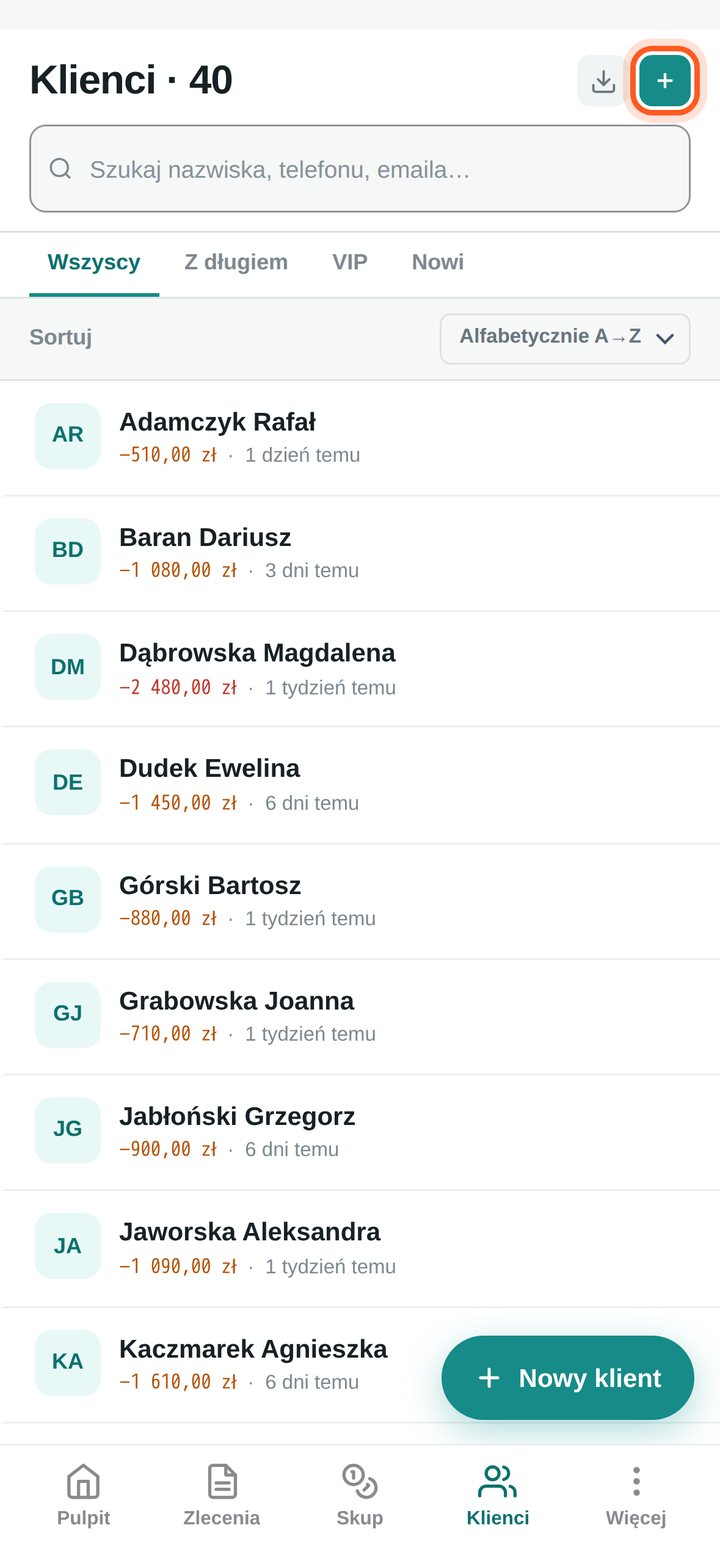 Lista klientów z zaznaczonym przyciskiem dodawania nowego klienta (telefon)