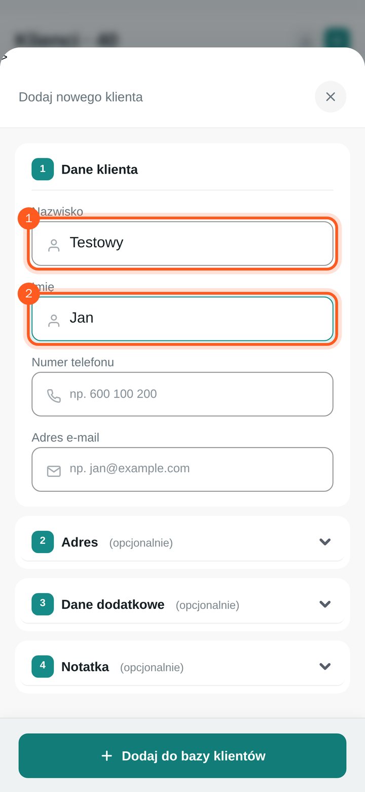 Pola Nazwisko i Imię wypełnione w formularzu nowego klienta (telefon)