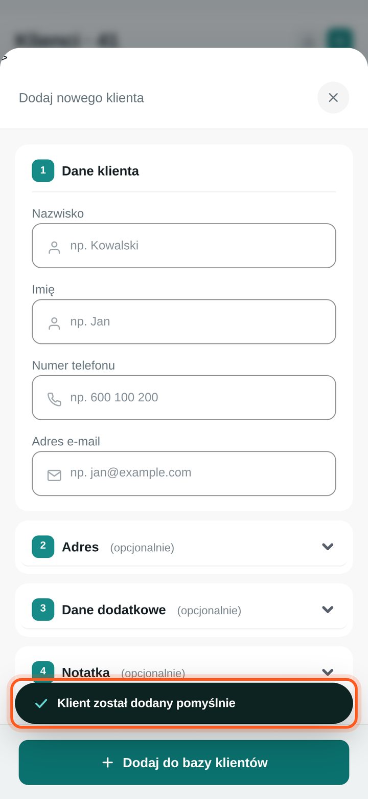 Potwierdzenie „Klient został dodany pomyślnie” i wyczyszczony formularz (telefon)