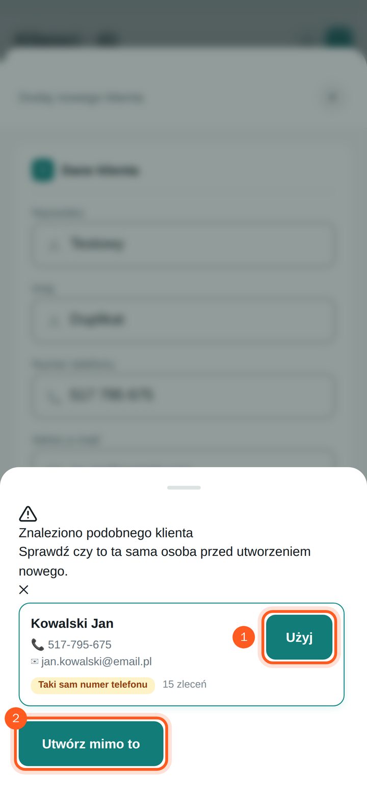 Okno „Znaleziono podobnego klienta” z przyciskami Użyj i Utwórz mimo to (telefon)