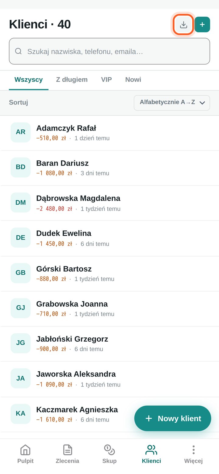 Lista klientów z zaznaczoną ikoną pobierania (telefon)