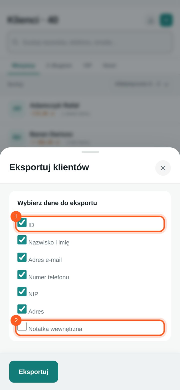 Lista pól do zaznaczenia w oknie eksportu klientów (telefon)