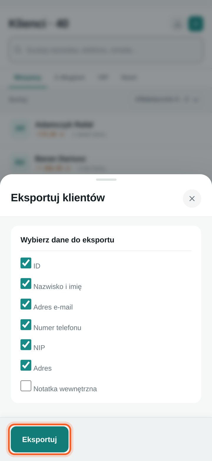 Zaznaczony przycisk Eksportuj (telefon)