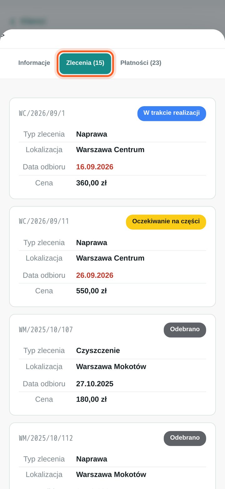 Zakładka Zlecenia z listą zleceń klienta (telefon)