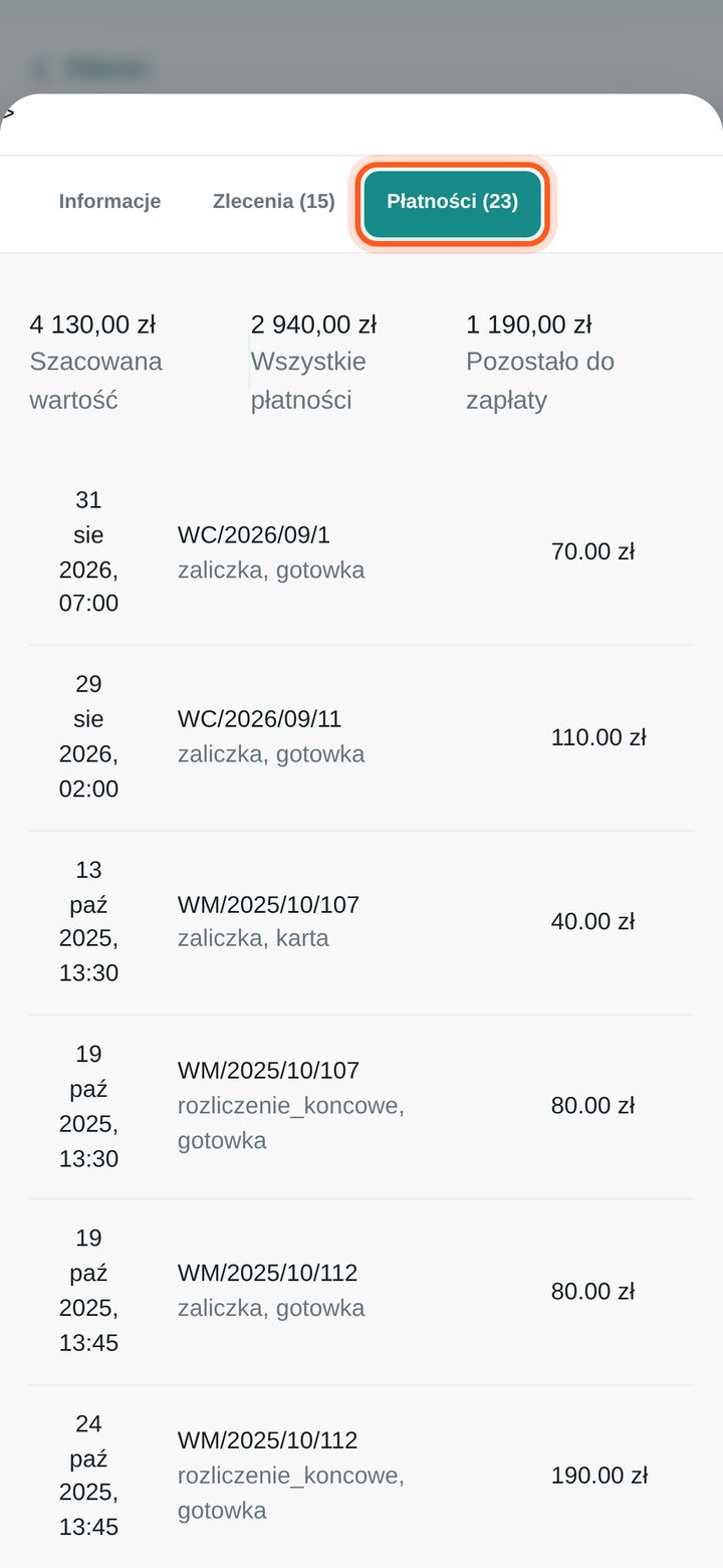 Zakładka Płatności z podsumowaniem i listą wpłat klienta (telefon)
