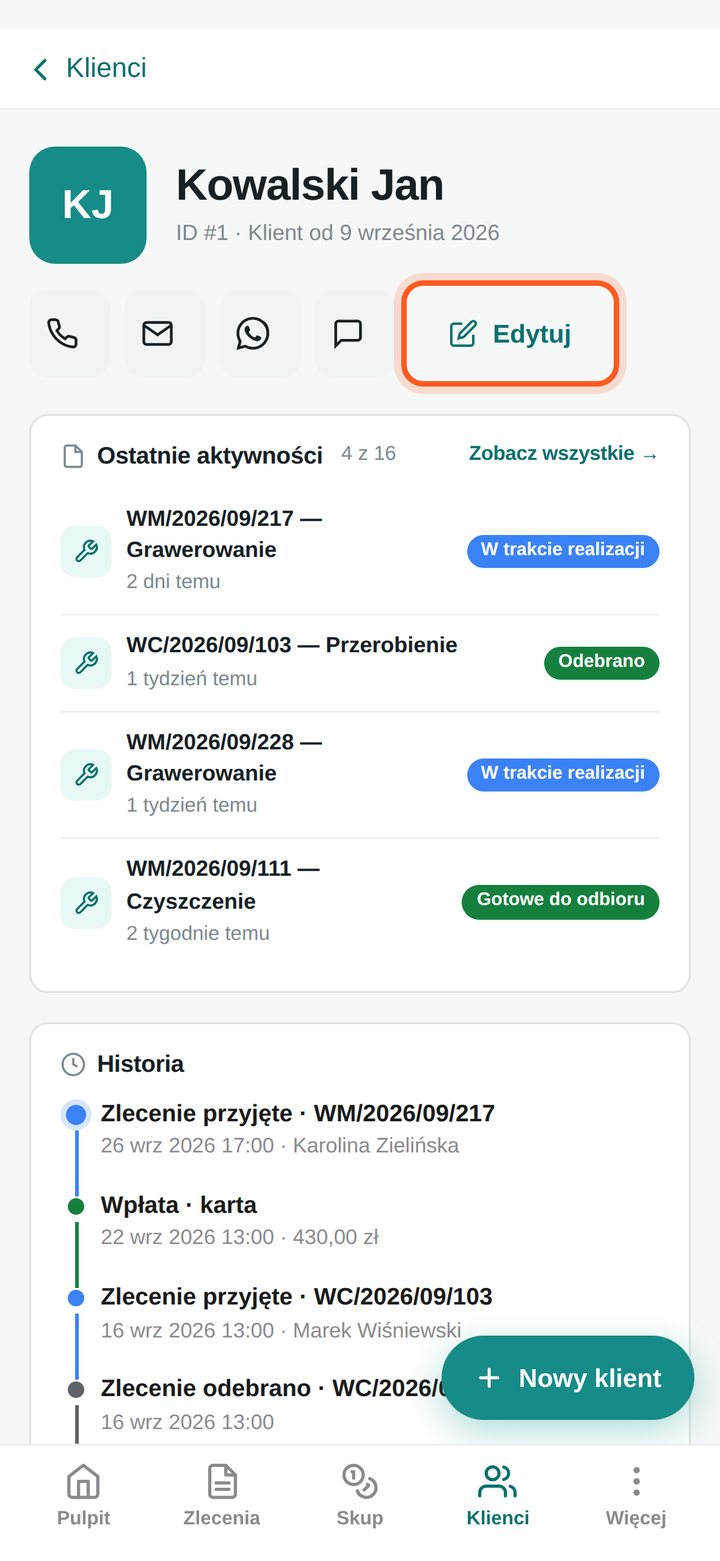 Karta klienta z zaznaczonym przyciskiem Edytuj (telefon)