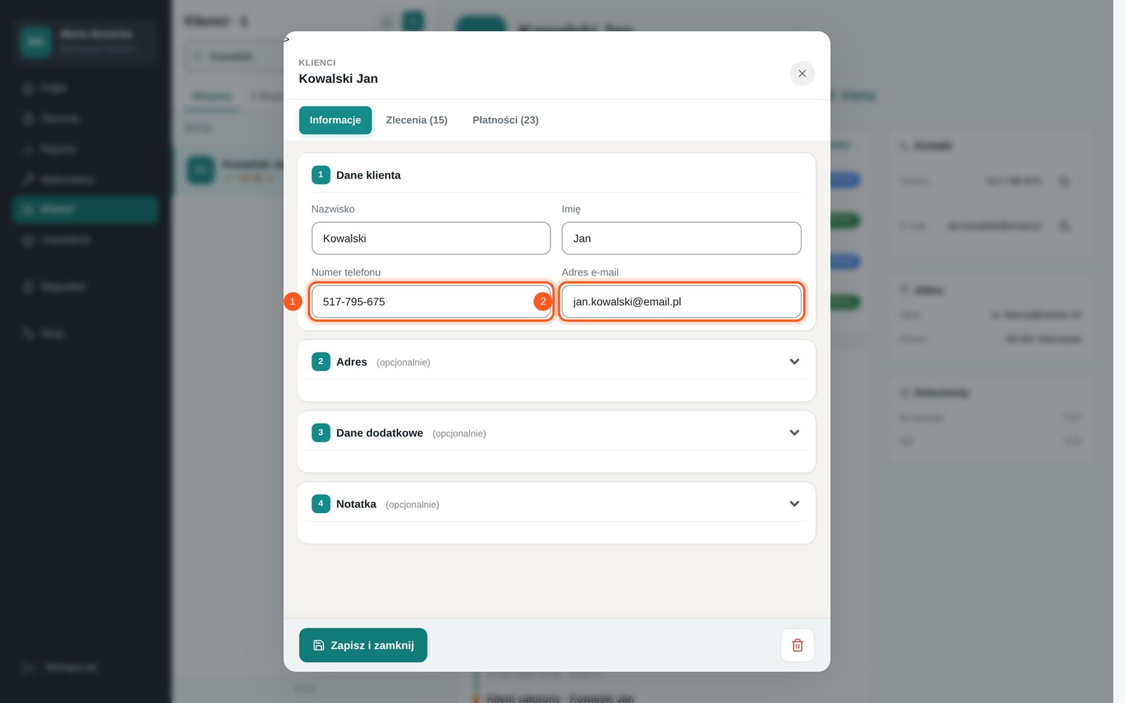Pola numeru telefonu i adresu e-mail w oknie edycji klienta (komputer)