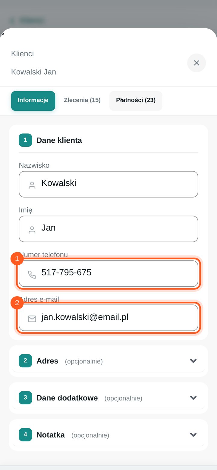 Pola numeru telefonu i adresu e-mail w oknie edycji klienta (telefon)