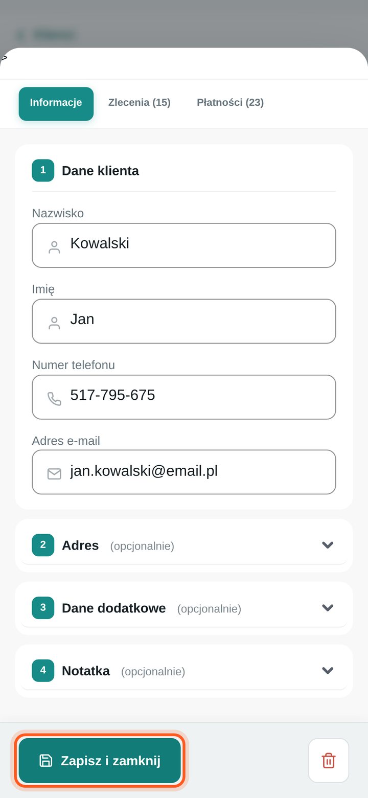 Zaznaczony przycisk Zapisz i zamknij (telefon)