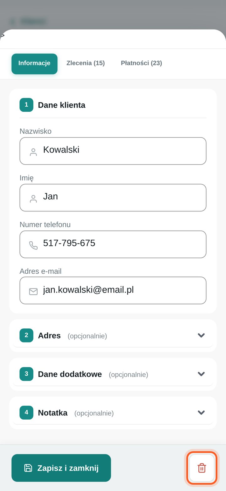Zaznaczona ikona kosza w oknie edycji klienta (telefon)