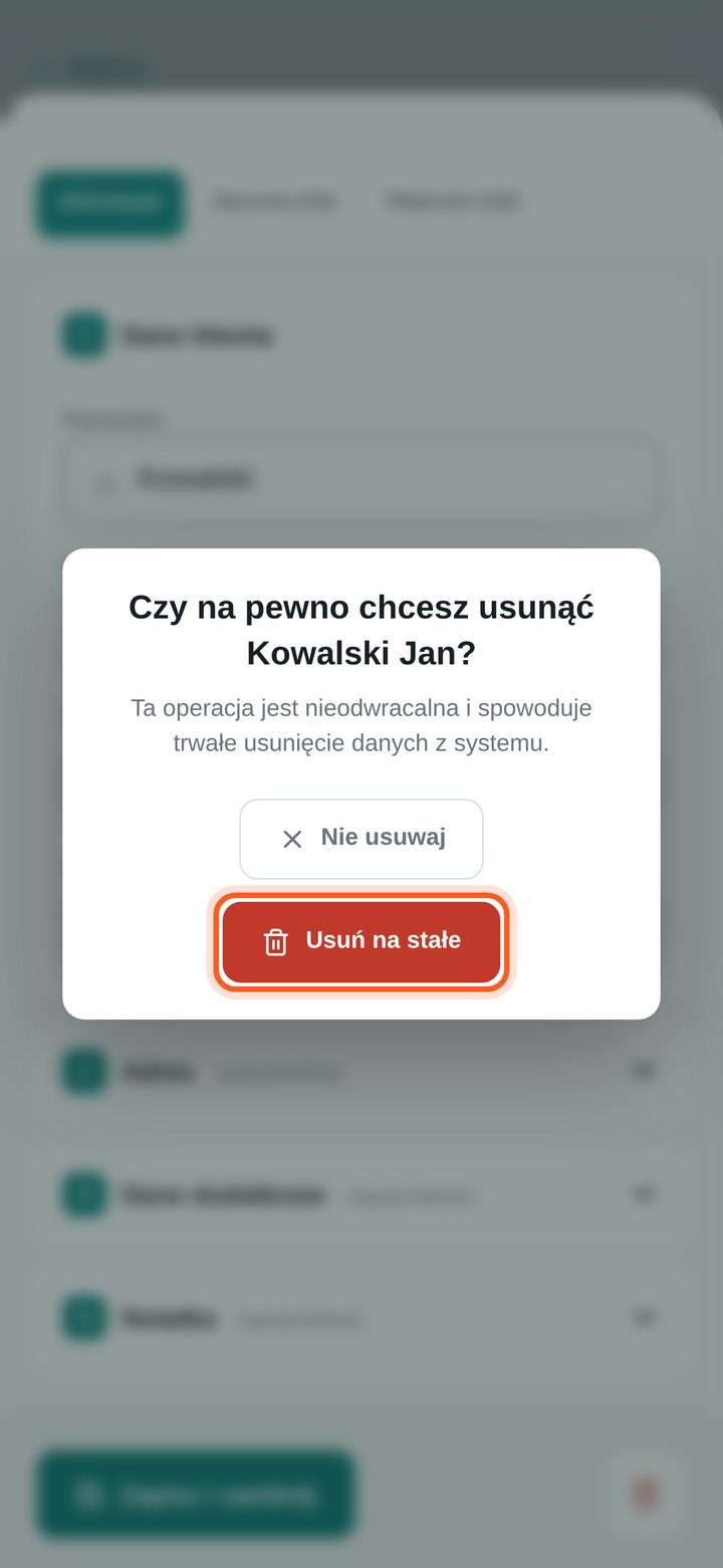 Pytanie o potwierdzenie usunięcia klienta z przyciskiem Usuń na stałe (telefon)