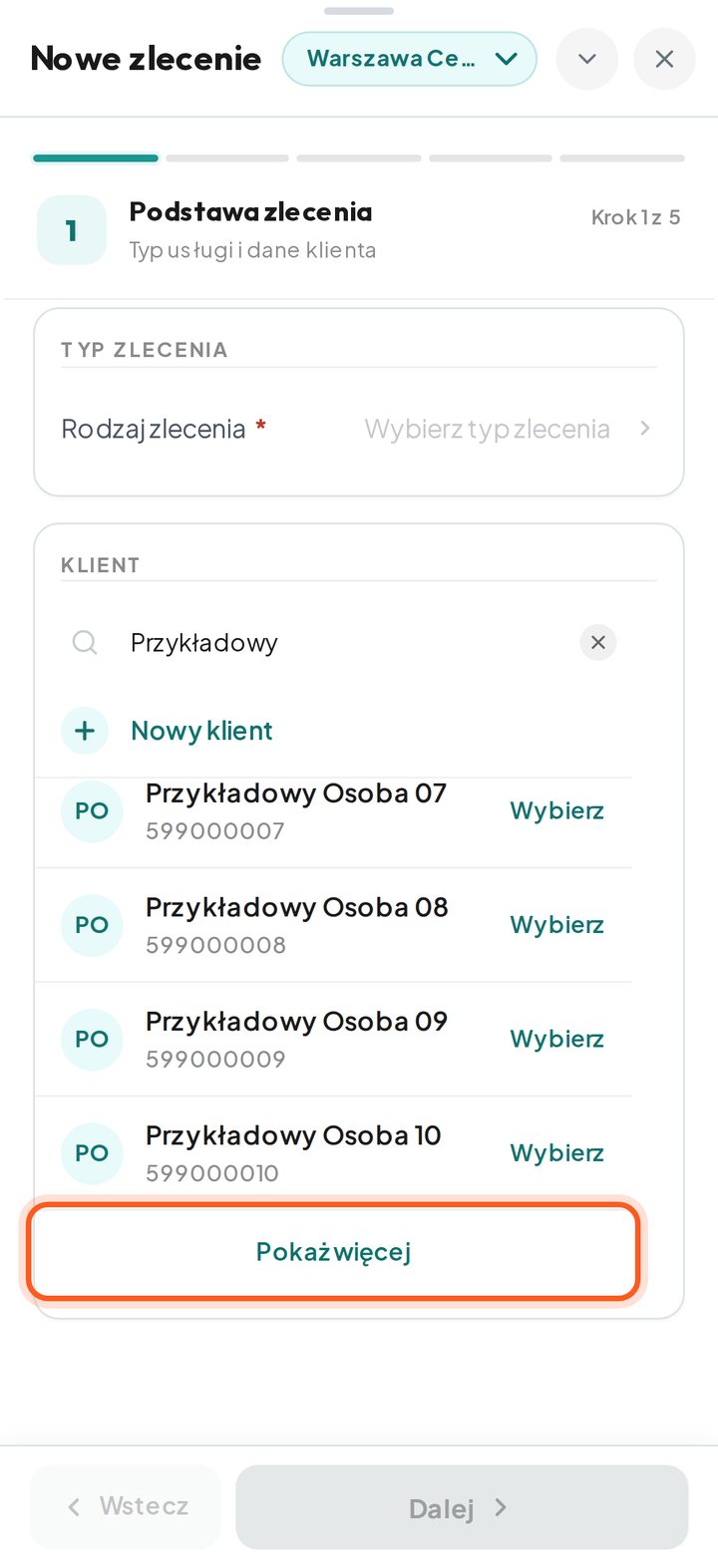 Kreator nowego zlecenia: dziesięć podpowiedzi i zaznaczony przycisk Pokaż więcej (telefon)