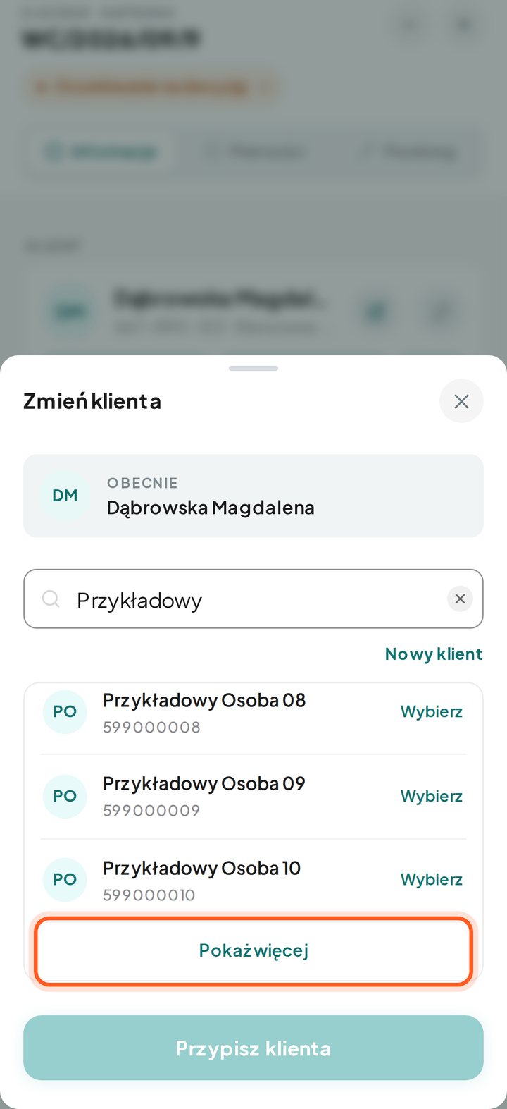 Okno Zmień klienta z zaznaczonym przyciskiem Pokaż więcej (telefon)