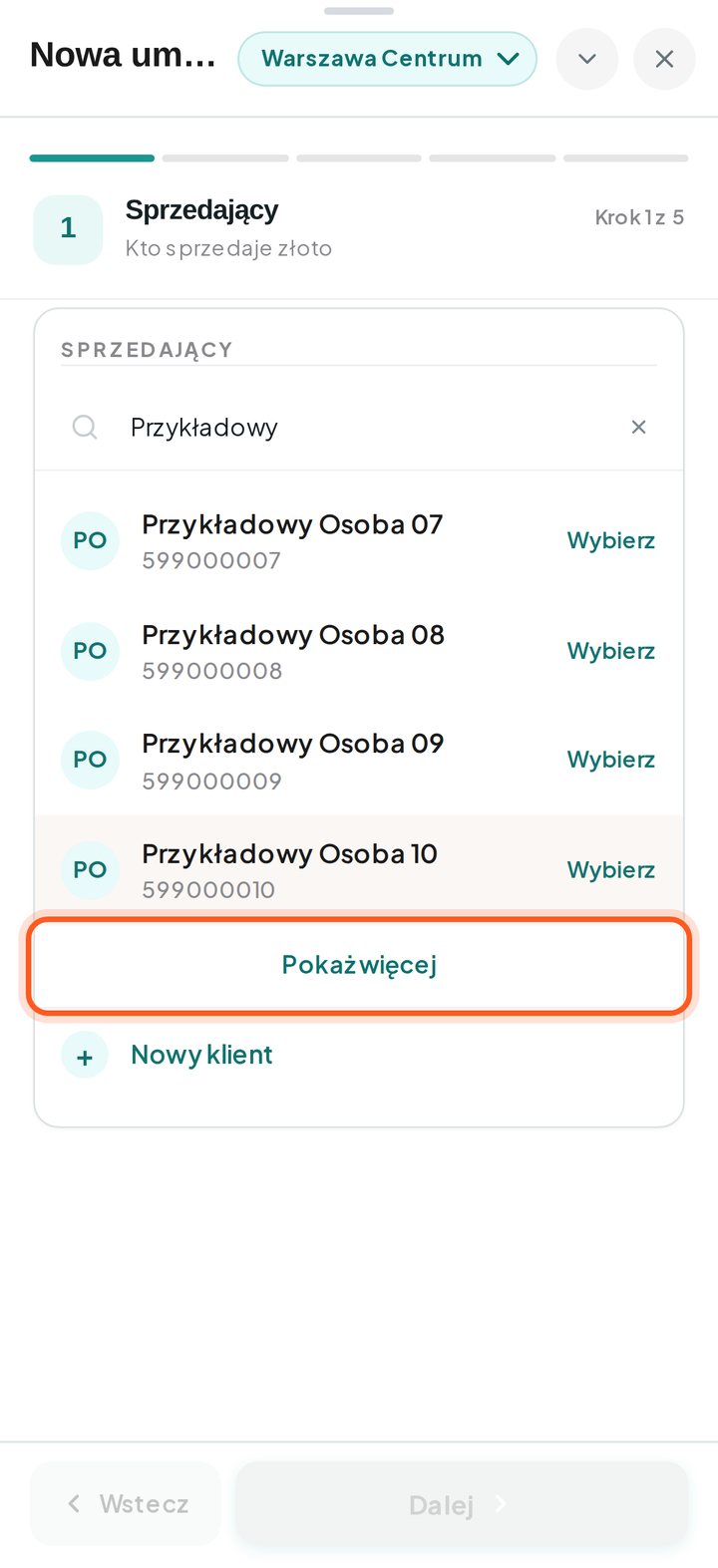Okno nowej umowy skupu z zaznaczonym przyciskiem Pokaż więcej (telefon)