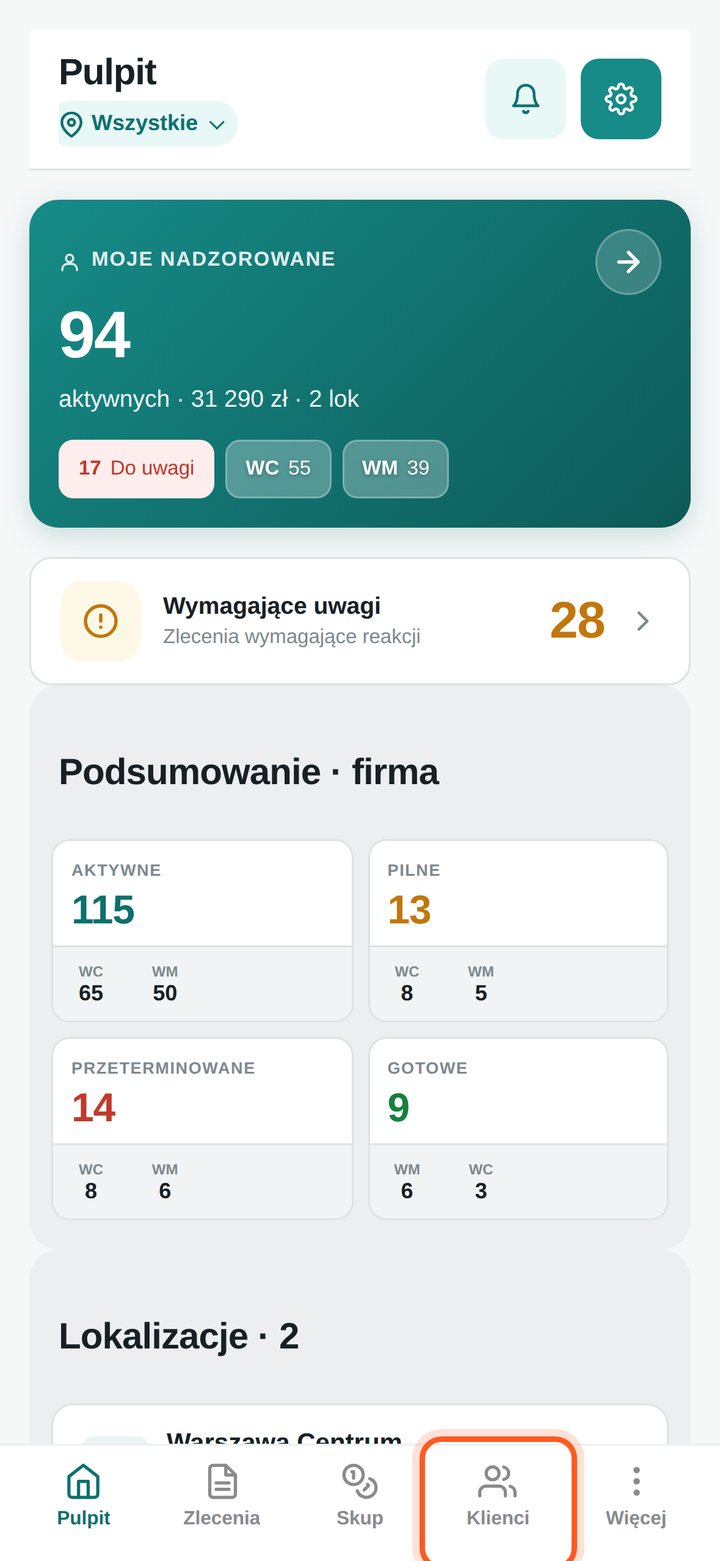 Menu programu z zaznaczonym punktem Klienci (telefon)
