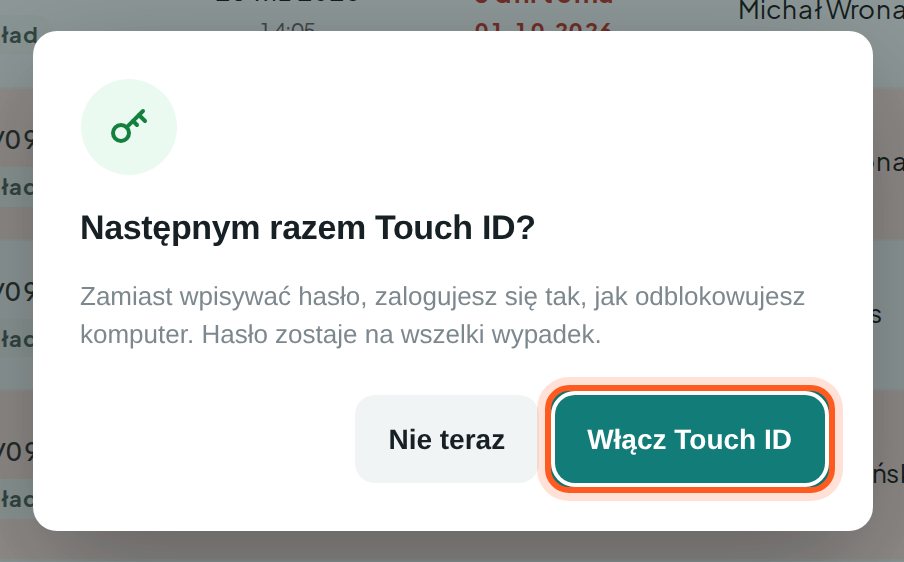 Okno Następnym razem Face ID? z zaznaczonym przyciskiem Włącz (komputer)