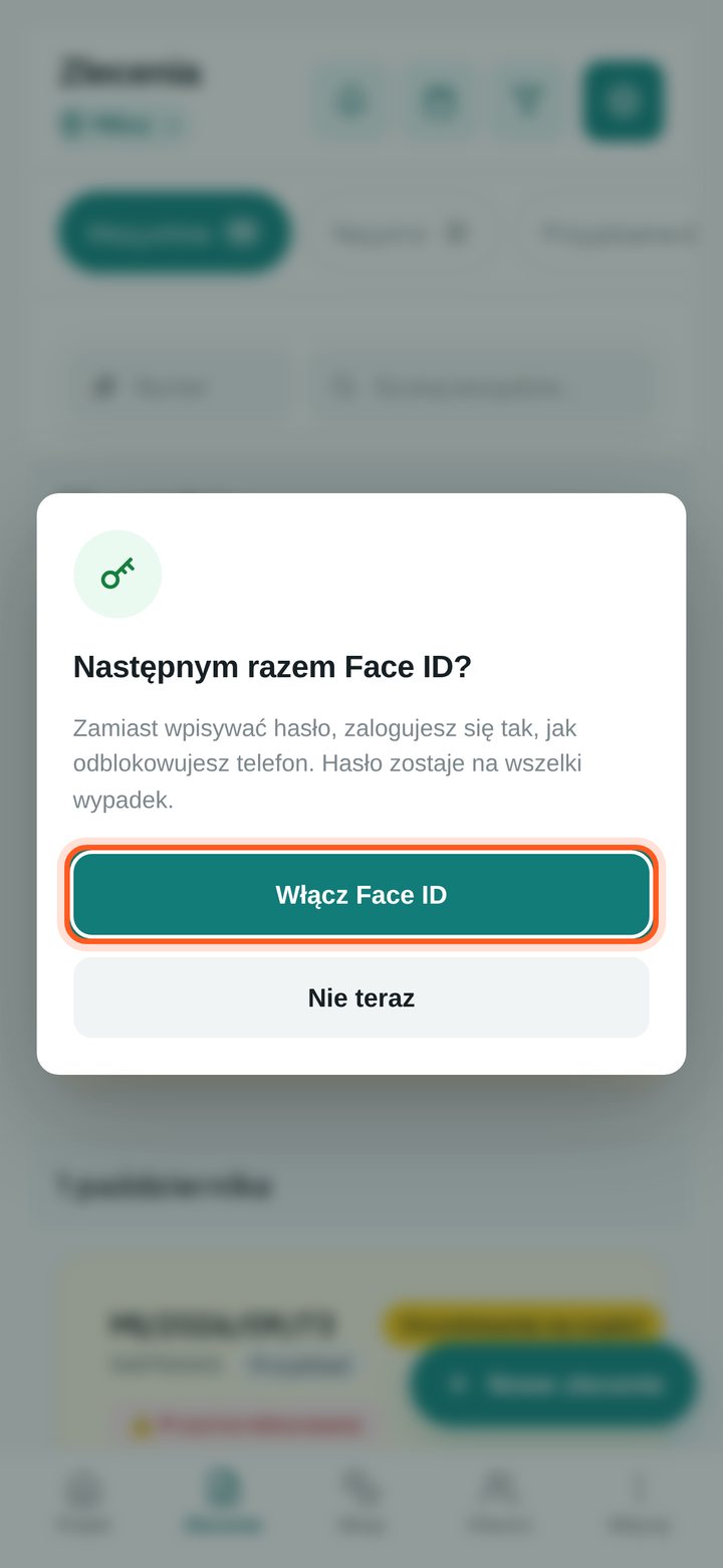 Okno Następnym razem Face ID? z zaznaczonym przyciskiem Włącz (telefon)