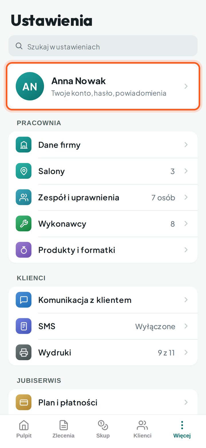 Lista Ustawień z zaznaczoną kartą konta na górze (telefon)