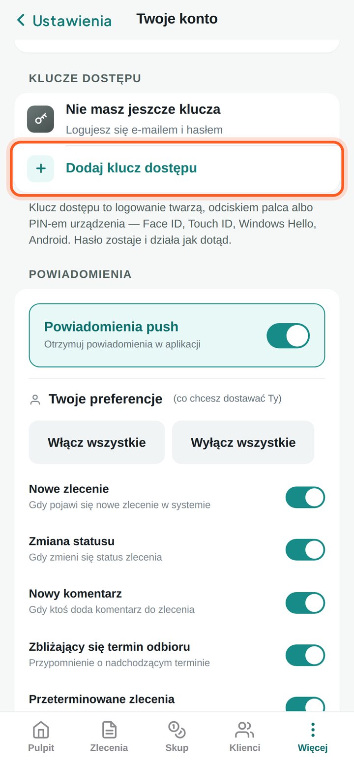 Część Klucze dostępu z zaznaczonym wierszem Dodaj klucz dostępu (telefon)