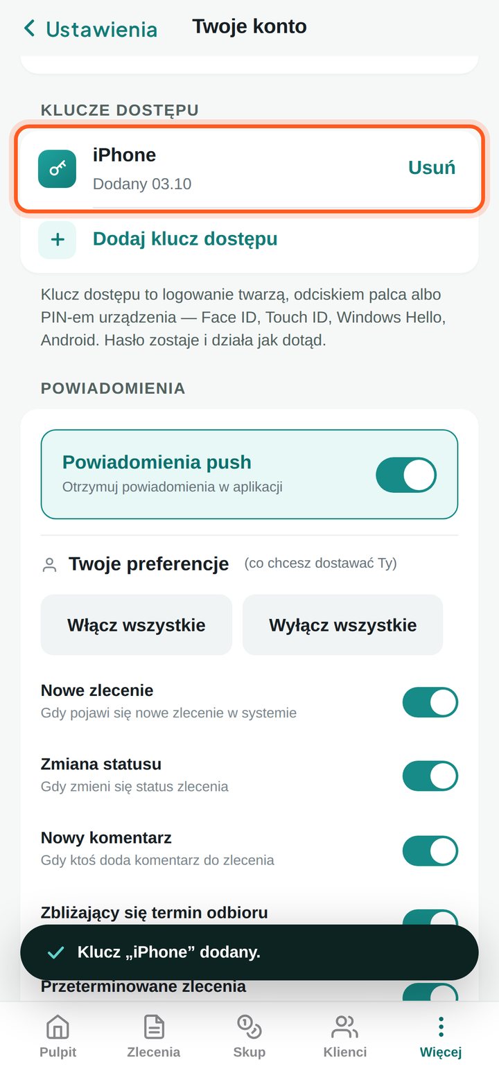 Lista Klucze dostępu z zaznaczonym nowym kluczem (telefon)