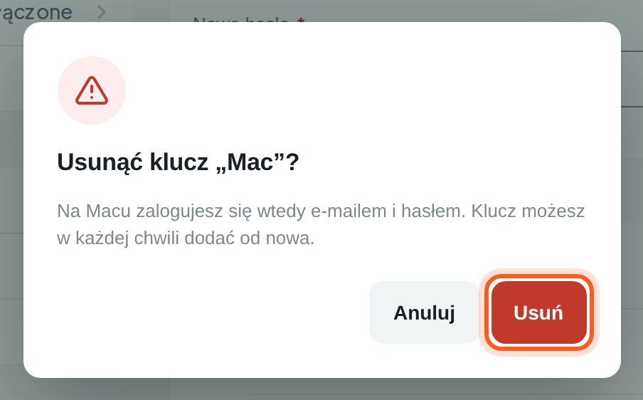 Okno Usunąć klucz? z zaznaczonym przyciskiem Usuń (komputer)