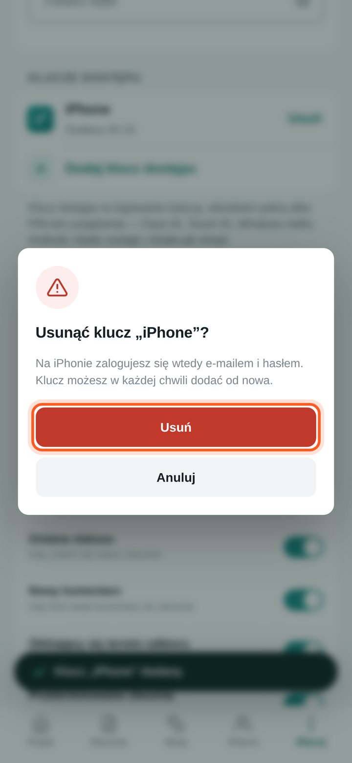 Okno Usunąć klucz? z zaznaczonym przyciskiem Usuń (telefon)