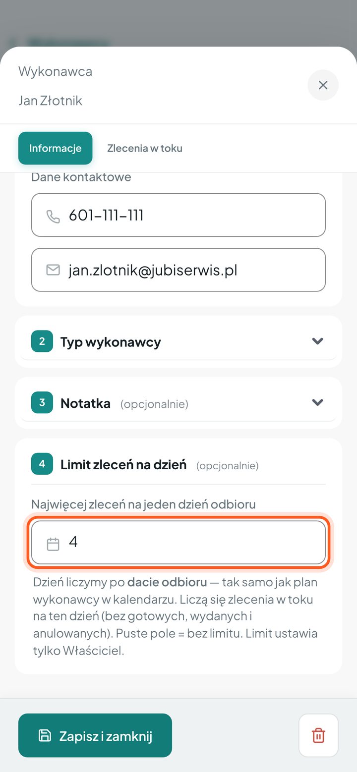 Edycja wykonawcy z zaznaczonym polem Limit zleceń na dzień (telefon)