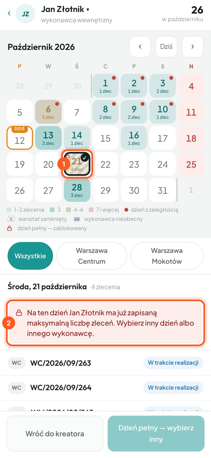 Kalendarz z zablokowanym 21 października i informacją o pełnym dniu (telefon)