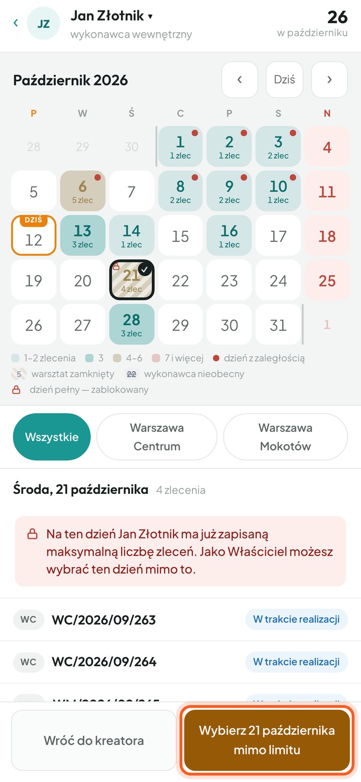 Przycisk Wybierz 21 października mimo limitu u Właściciela (telefon)