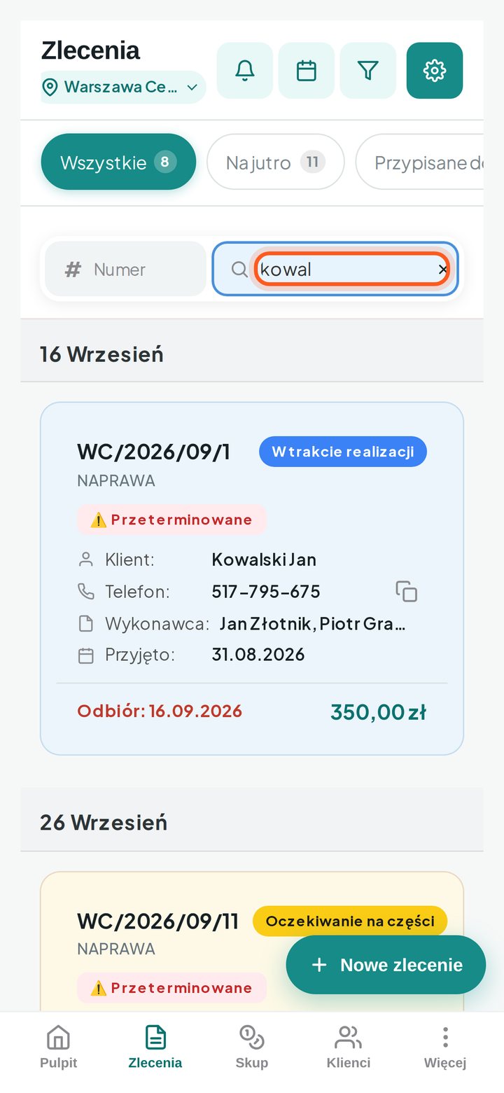 Pole wyszukiwania klienta z wpisaną frazą i przefiltrowaną listą zleceń (telefon)