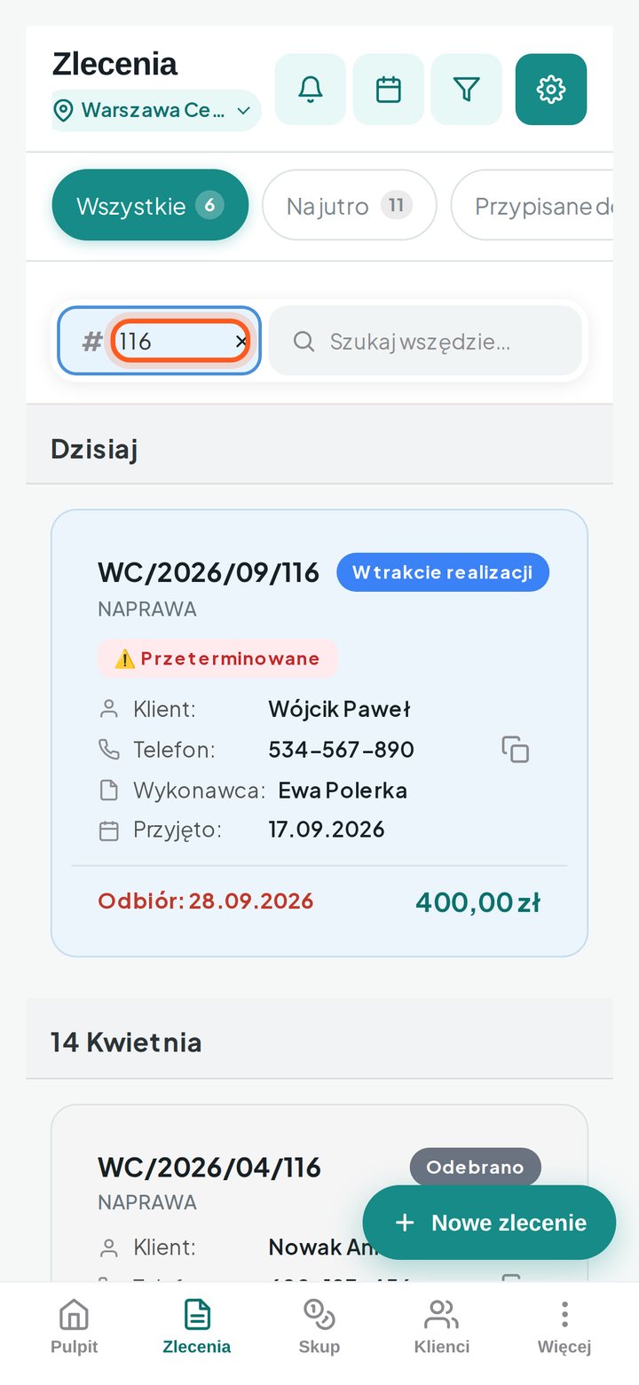 Pole numeru zlecenia z wpisanym numerem i przefiltrowaną listą (telefon)