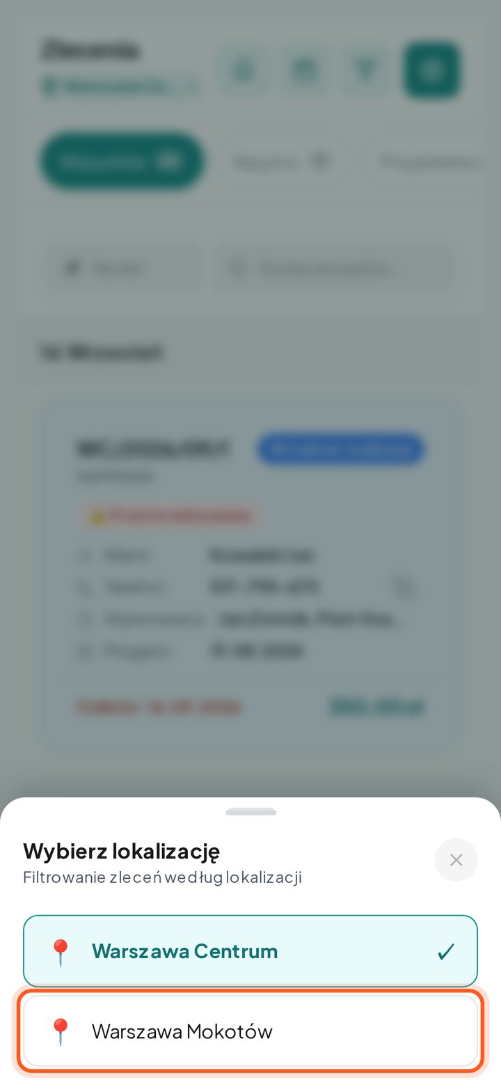 Lista zleceń po zmianie salonu na inny (telefon)